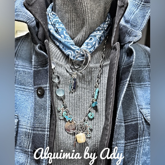 Alquimia Jewelry - Multi turquoise charms layered statement bandanna scarf necklace
